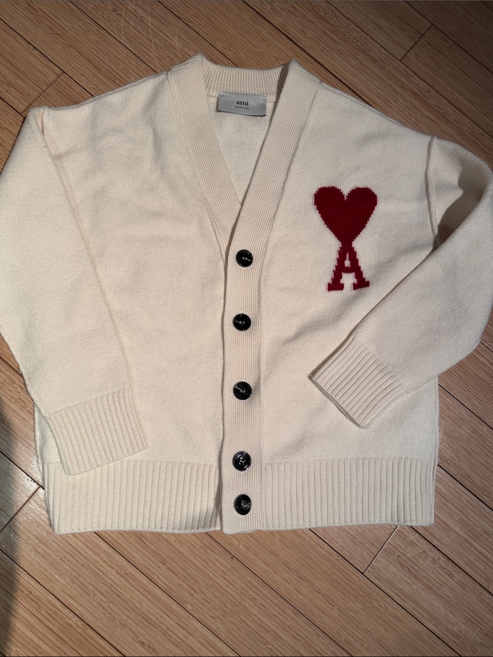 Ami Cream Cardigan with Red Heart 'A' Logo